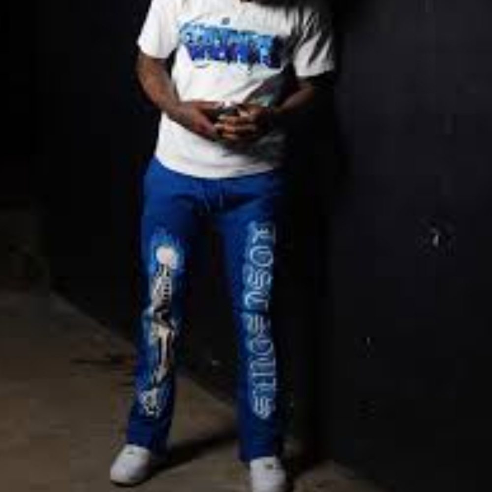 Soleboy Blue and white Lost Souls puff print flame skeleton sweatpants Deadstock